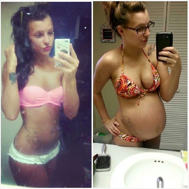 sexy tattooed chick with baby bump, before and after