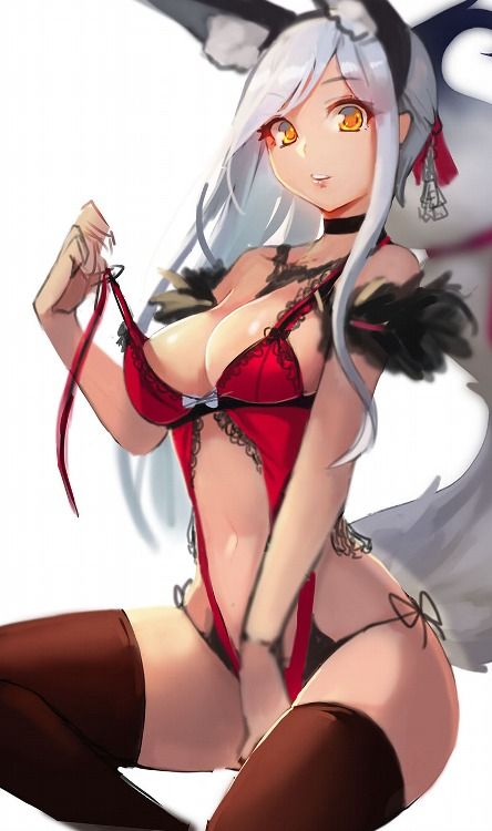 big perky wolf-girl tits in red lingerie and stockings