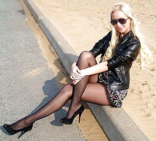 Sexy Blonde On Curb In Short Dress and Black Pantyhose