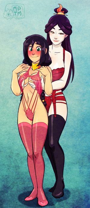 2girls avatar:_the_last_airbender black_hair black_legwear blush breast_grab breasts choker commentary full-face_blush garter_belt garter_straps grabbing grabbing_from_behind green_eyes height_difference highres jin_(avatar) large_breasts lingerie lips li