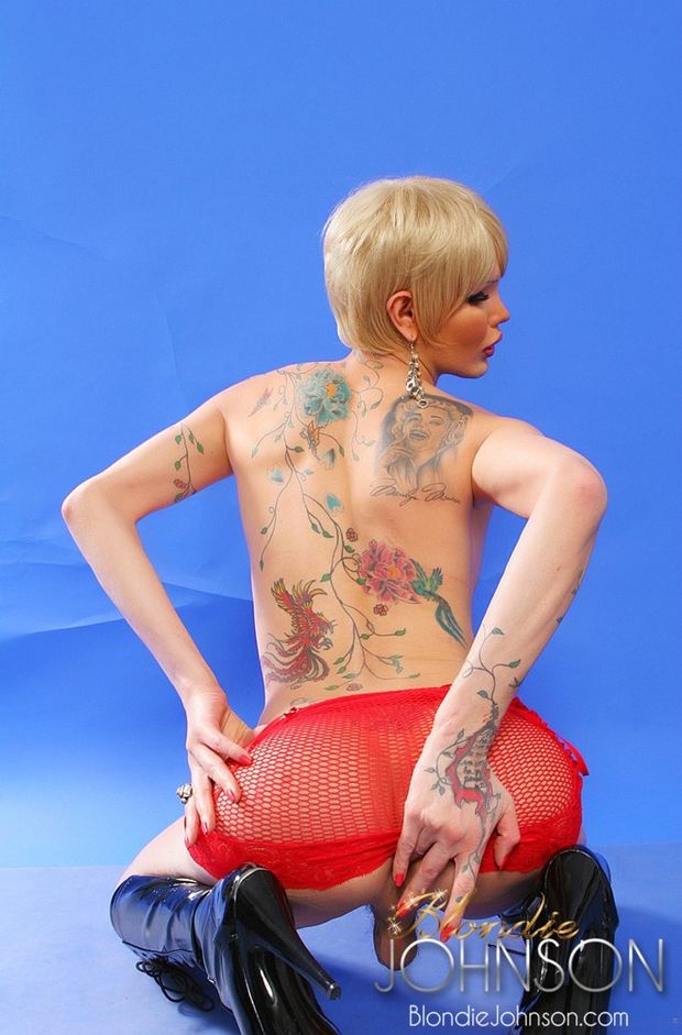 Big cocked Blondie Johnson posing in lace lingerie