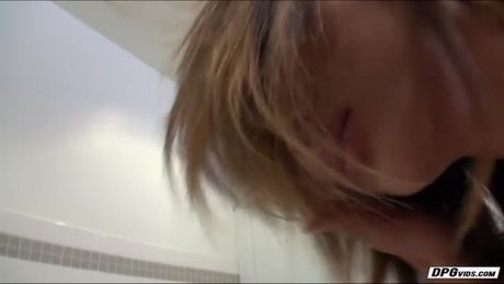 Horny Alina Li wears no panty under her skirt and seduces Ike Diezel and she gets laid inside the toilet