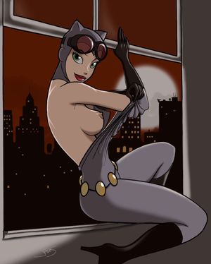 batman_(series) bodysuit boots breasts catwoman dc female gloves goggles goggles_on_head green_eyes high_heel_boots japes looking_at_viewer moon night nipples selina_kyle sideboob sitting smile solo undressing unzipped window