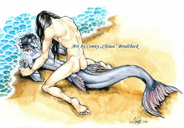 merman & a human man on the beach