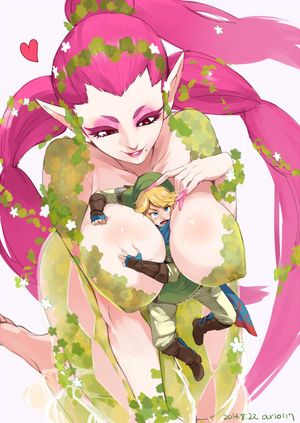 1boy 1girl ario between_breasts breasts erect_nipples giantess great_fairy heart large_breasts link lips long_hair mole nail_polish ocarina_of_time pink_hair pointy_ears ponytail red_eyes scarf simple_background smile the_legend_of_zelda very_long_hair wh