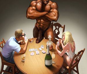 Playing cards on his wife