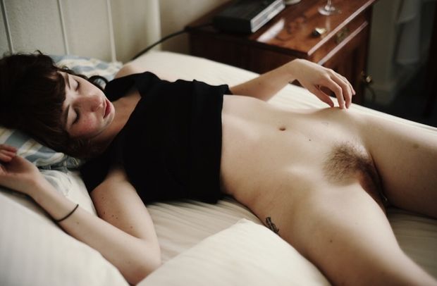 Brunette on bed with nice bush