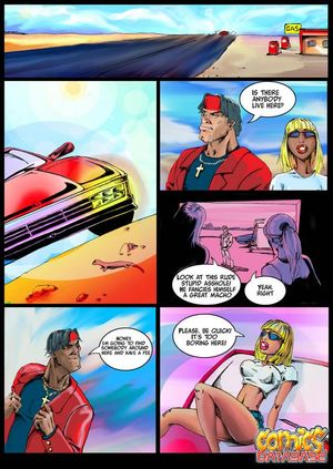 Three hypnotic comics chicks sharing a large dildo on a car