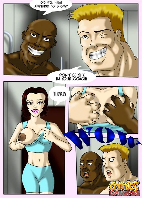 Redheaded comics bitch sucking two muscle men`s cocks in the gym