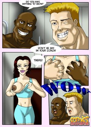 Redheaded comics bitch sucking two muscle men`s cocks in the gym