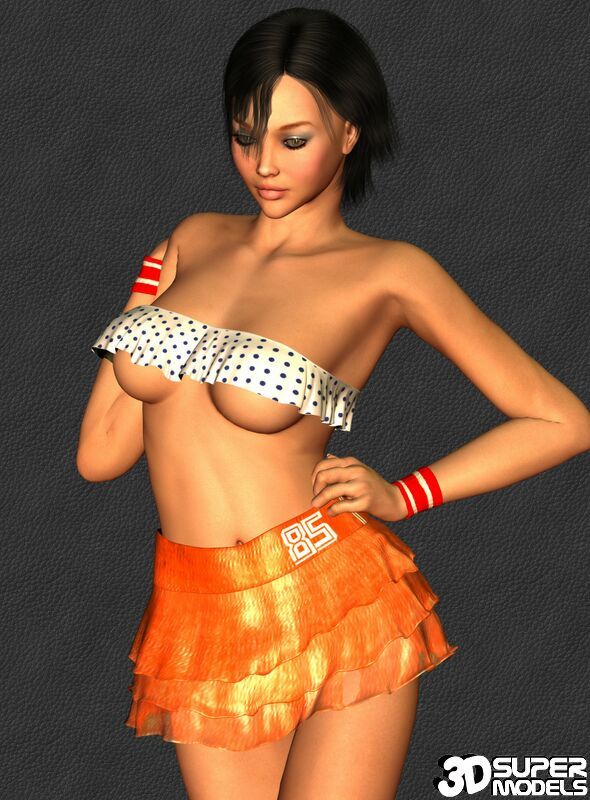 Hottie brunette 3D Super Model teasing us with her sexy bra and tiny orange skirt