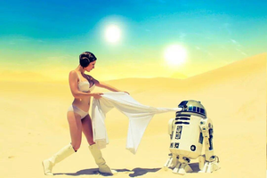 Leia (from Star Wars) chases R2-D2 who takes her clothes