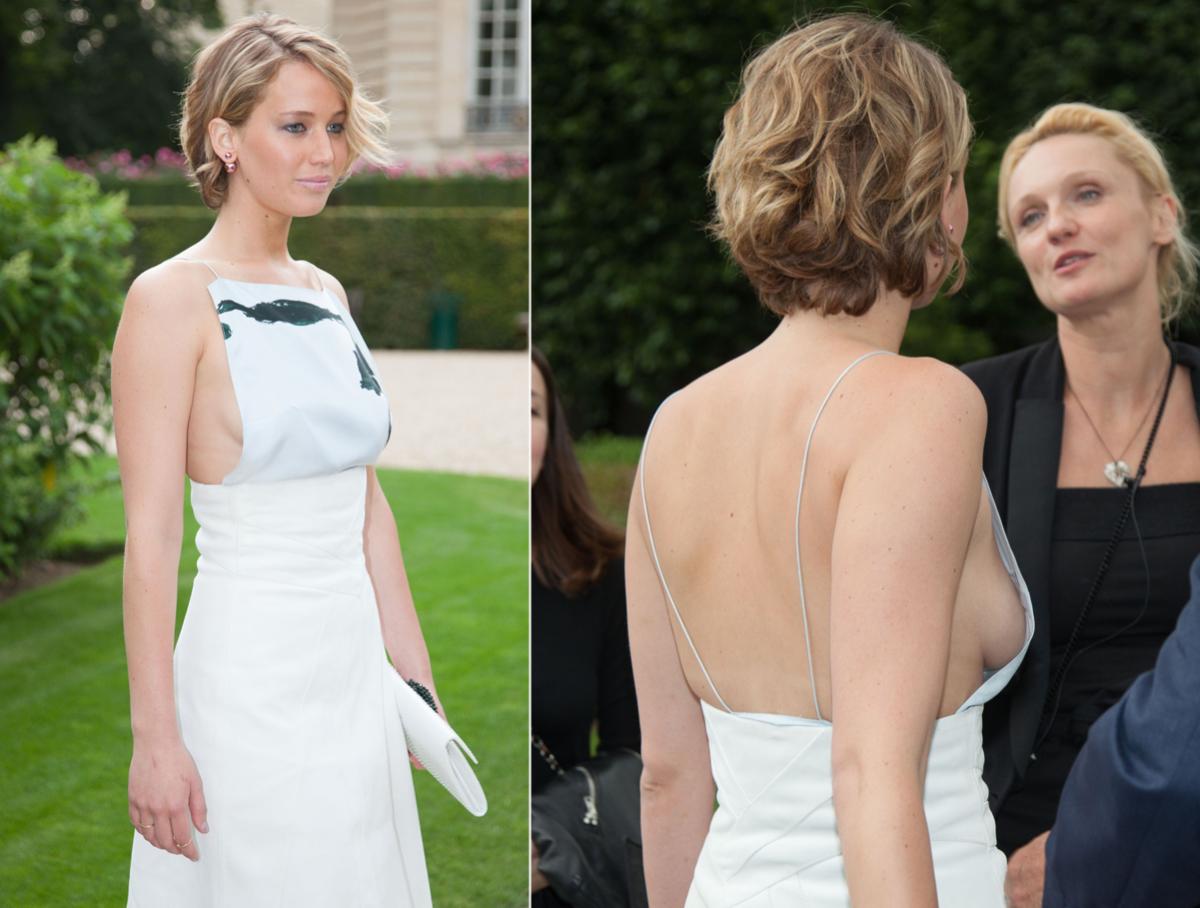 Jennifer Lawrence attends the Christian Dior show as part of Paris Fashion Week, not wearing a bra.