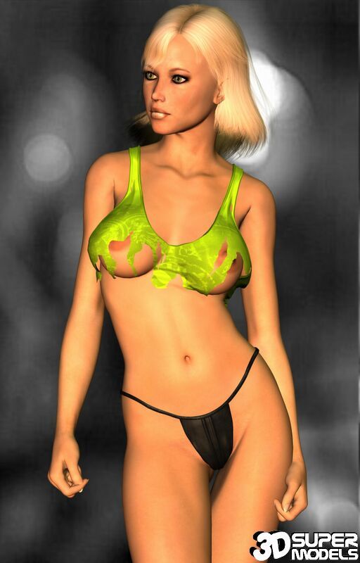 Lustful blonde 3D model Candy teasing us with her sexy green bra and thong
