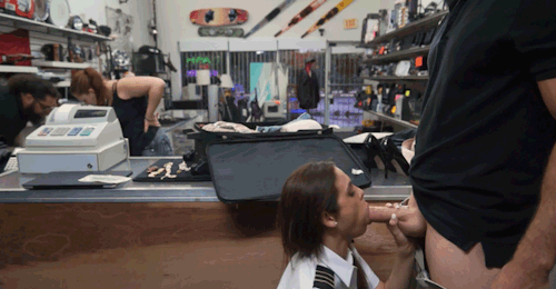 Blowjob behind counter