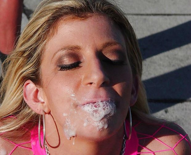 Blonde mature has cum foaming from her dirty mouth