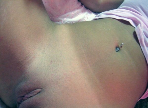 Hot blonde GF bald pussy dressed top and bare bottom