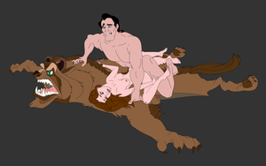 Beauty and the Beast Belle and Gaston on beastskin rug sans background and chest hair