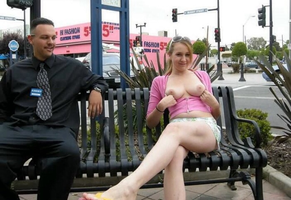 Sitting on bench in middle of town flashing tits