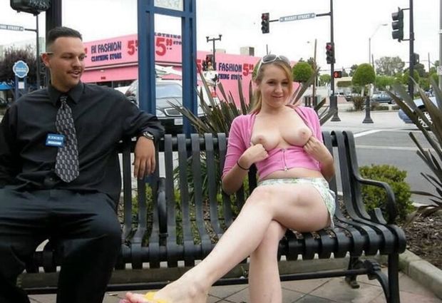 Sitting on bench in middle of town flashing tits