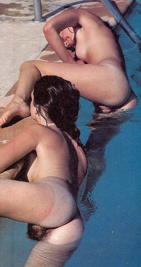 Two chicks with hairy pussy getting out of pool