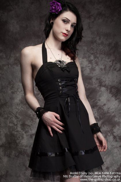 Black Cotton Party Dress with Ribbon Lacing & Bow