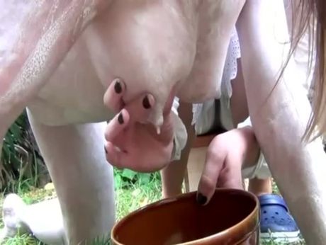 she's painted black & white to look like a cow, and her girlfriend milks her into a pail. Nice!