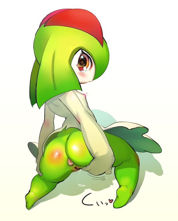 anus ass blush butt censored decensor_request female flat_chest green_hair green_skin humanization kirlia kneeling looking_at_viewer looking_back muraachi muraachi2gou nintendo nipples plain_background pokémon pokemon pussy pussy_juice short_hair small_br