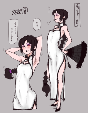 1boy armpits arms_up black_hair braid china_dress chinese_clothes crossdressing deroichi dress fan lipstick long_hair makeup male mole mr._lai original red_eyes single_braid solo trap very_long_hair