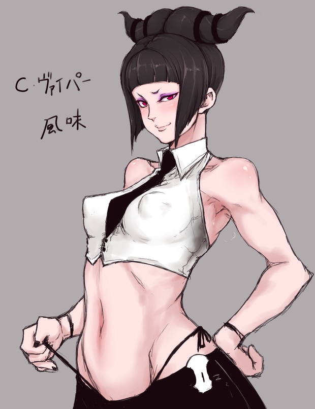 1girl black_hair breasts capcom deroichi erect_nipples han_juri medium_breasts perky_breasts puffy_nipples red_eyes short_shirt street_fighter tie twintails