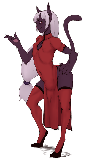 anthro bulge cat chinese_clothing claws clothed clothing crossdressing deroichi digitigrade feline fur girly hair hand_on_hip legwear long_hair looking_at_viewer male mammal navel pawpads plain_background pose smile solo standing stockings thigh_highs tig