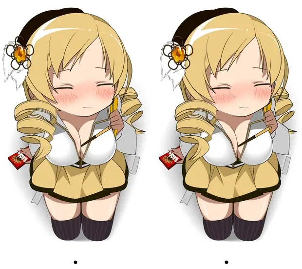 animated animated_gif beret between_breasts blinking blonde_hair blush breasts cleavage drill_hair food hair_ornament hat kneeling kuro_chairo_no_neko large_breasts looking_at_viewer magical_girl mahou_shoujo_madoka_magica open_clothes open_shirt pleated_