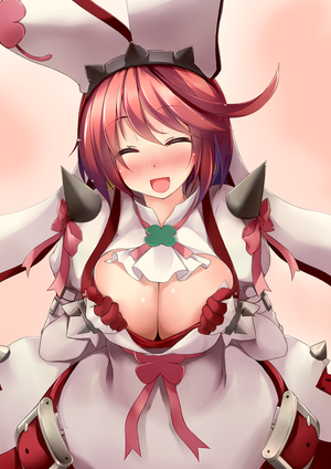 1girl ahoge arc_system_works blue_eyes blush bow bra breasts bridal_veil cleavage cleavage_cutout clover dd_mayohara dress earrings elphelt_valentine eyes_closed four-leaf_clover gloves guilty_gear guilty_gear_xrd hairband jewelry large_breasts long_sleev