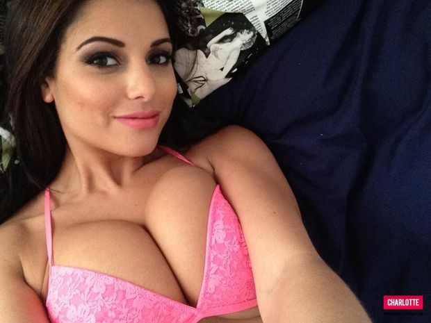 Charlotte Springer in pink bra and green panties selfies