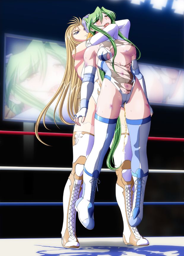 2girls asphyxiation blonde_hair blush boots bruise choking chris_morgan erect_nipples green_hair headlock injury leotard long_hair multiple_girls noppo-san open_mouth peeing peeing_self purple_eyes sakurai_chisato saliva sleeper_hold suspension sweat tear
