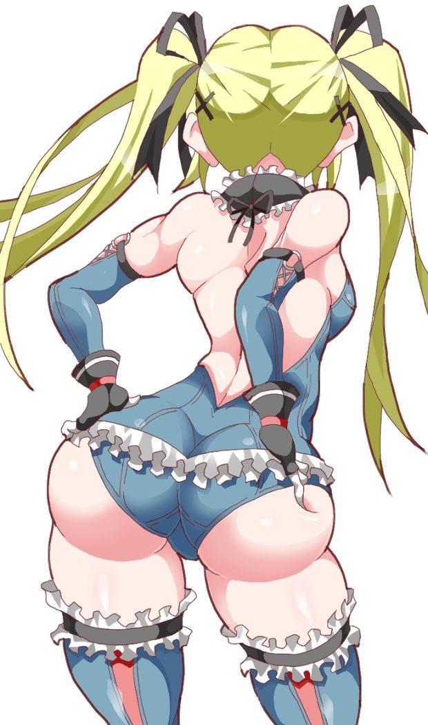 1girl ass back bare_shoulders blonde_hair bodysuit breasts dead_or_alive deep_skin detached_sleeves elbow_gloves from_behind gloves hair_ribbon hand_on_ass huge_ass leotard long_hair marie_rose ohako9 ribbon thick_thighs thighhighs thighs twintails