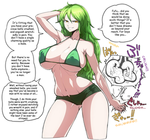 1girl bikini_top breasts castration cleavage collarbone erect_nipples green_hair green_swimsuit hard_translated huge_breasts large_breasts monet_(one_piece) one_piece short_shorts shorts smile solo space_jin squeezing swimsuit yellow_eyes