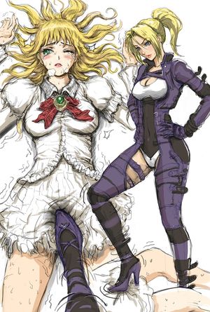 2girls between_legs blonde_hair blue_eyes crying defeat defeated drooling green_eyes lili_(tekken) lipstick looking_down lying makeup multiple_girls neongun nina_williams on_back ponytail stepped_on tears tekken trample trampling wink