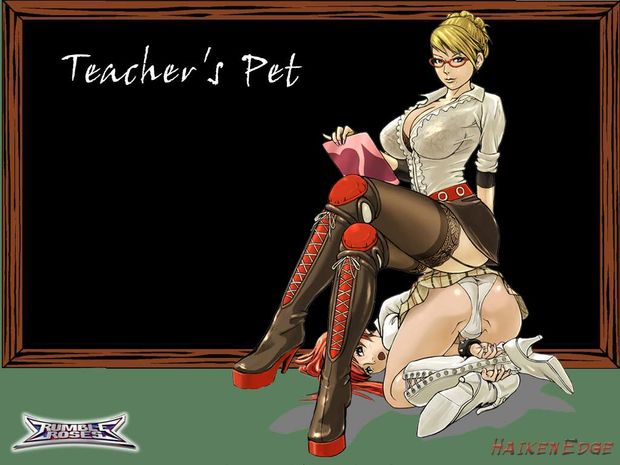 2girls ass bdsm blonde_hair blouse boots bracelet breasts candy_cane_(rumble_roses) chalkboard cleavage clipboard domination elbow_pads female femdom glasses high_heels huge_breasts human_furniture jewelry knee_pads laces miniskirt miss_spencer multiple_g