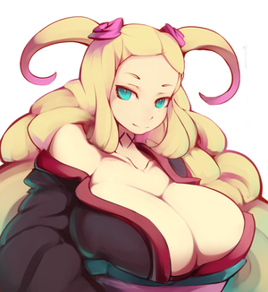 1girl bad_id bare_shoulders blonde_hair blue_eyes breasts cleavage hair_ornament hiteihime_(katanagatari) huge_breasts japanese_clothes katanagatari kimono long_hair solo very_long_hair zako_(arvinry)