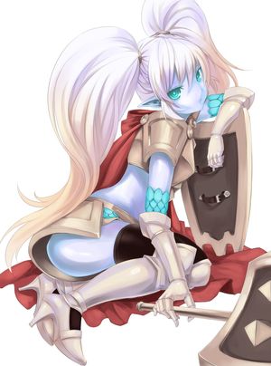 1girl aqua_eyes armor blue_skin cape devildogs gauntlets hammer high_heels highres league_of_legends long_hair mace midriff pointy_ears poppy shield shoes solo thighhighs twintails weapon white_hair yordle