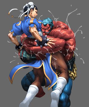 1boy 1girl bearhug boots capcom china_dress chinese_clothes chun-li cozy cropped_legs hakan highres kneepits makeup male muscle oil pantyhose ryona simple_background street_fighter street_fighter_iv wrestling