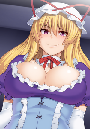 1girl blonde_hair bow breasts bust cleavage corset dress elbow_gloves female gloves hat kupala large_breasts long_hair looking_at_viewer mob_cap purple_eyes smile solo touhou yakumo_yukari