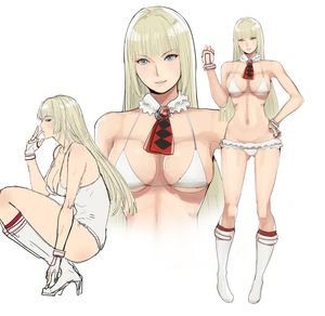 1girl adapted_costume bangs bare_shoulders bikini blonde_hair blue_eyes boots breasts detached_collar fingerless_gloves full_body gloves hand_on_hip hareno_chiame lili_(tekken) long_hair looking_at_viewer multiple_views navel parted_lips simple_background