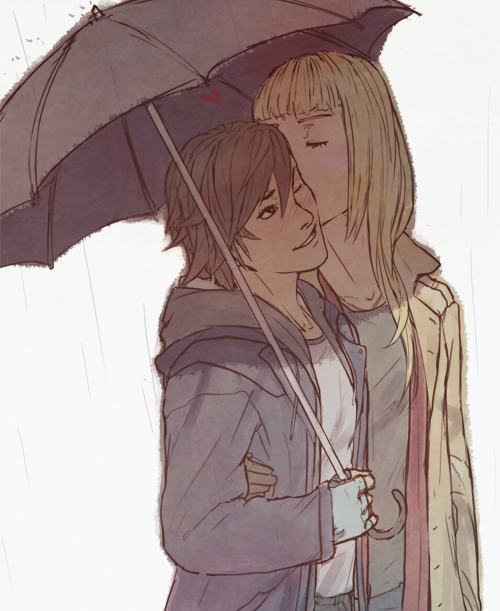 2girls blonde_hair blush brown_hair couple heart jess_(jelee) kazama_asuka kiss lili_(tekken) multiple_girls one_eye_closed rain shared_umbrella spoken_heart tekken umbrella yuri