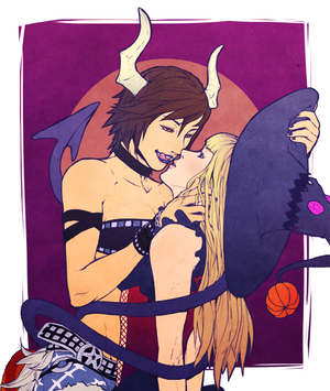 2girls arms_behind_back bare_shoulders blonde_hair breasts brown_hair cleavage demon_girl demon_horns demon_tail fangs halloween hat horns incipient_kiss jess_(jelee) kazama_asuka licking_lips lili_(tekken) lips lipstick long_hair makeup multiple_girls na