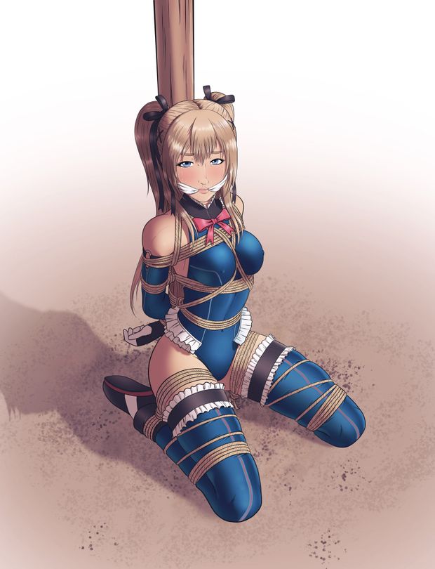 1girl absurdres arms_behind_back bare_shoulders bdsm blonde_hair blue_eyes blue_legwear blush bondage breast_bondage breasts cloth_gag crying crying_with_eyes_open dead_or_alive dead_or_alive_5 detached_sleeves gag gagged hair_ribbon highres hogtie improv