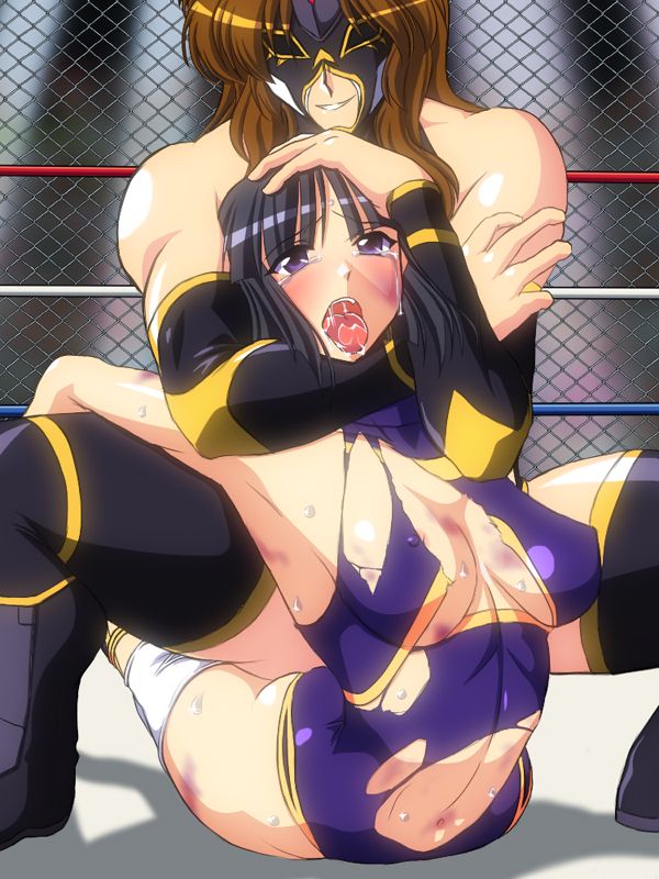 2girls asphyxiation bare_shoulders black_hair blush boots breasts brown_hair bruise cage choking dark_star_chaos erect_nipples injury knee_pads leotard long_hair mask minami_toshimi multiple_girls navel noppo-san open_mouth purple_eyes saliva smile submis
