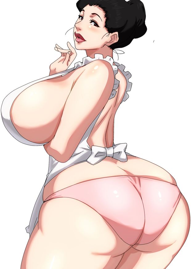 apron ass black_hair breasts brown_eyes gigantic_breasts highres huge_ass lips lipstick makeup milf original panties pink_panties short_hair sideboob simple_background skindentation tamanegiya thick_thighs thighs underwear white_background