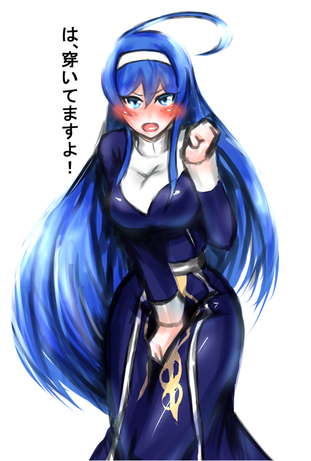 1girl ahoge blue_eyes blue_hair blush breasts dress embarrassed hairband huge_ahoge large_breasts long_hair orie_(under_night_in-birth) solo translation_request twop-2p under_night_in-birth very_long_hair